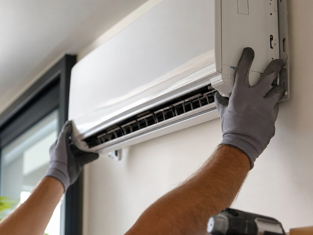 Installateur de pompe à chaleur air/air au travail